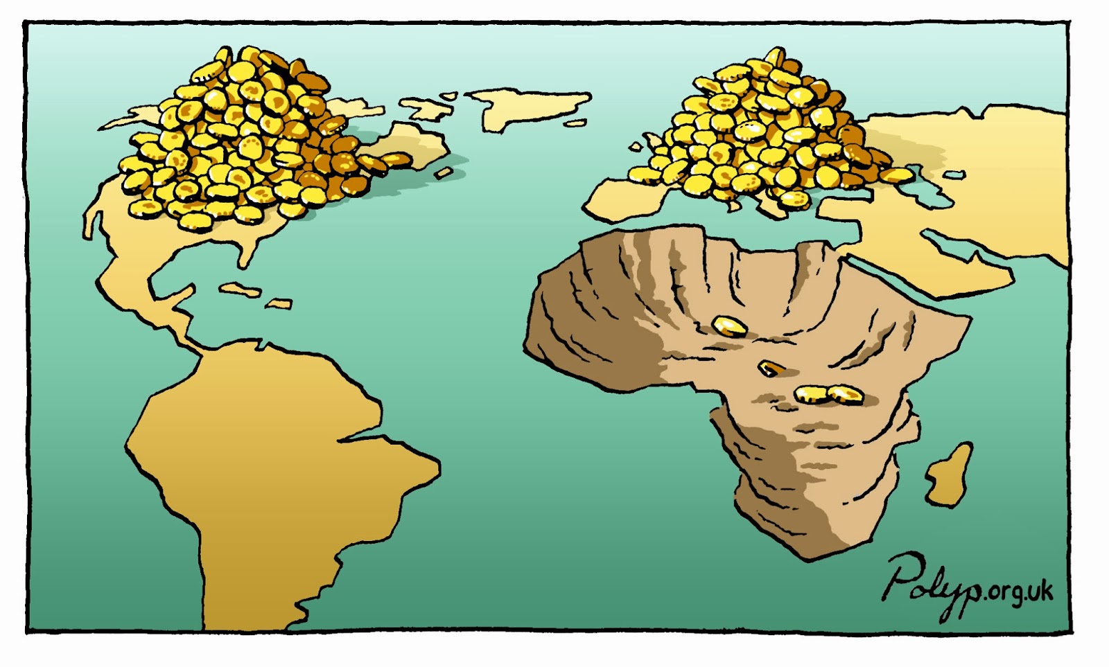 Illustrated map of the world. The African continent is mined out and empty. Gold coins are piled on North America and Europe