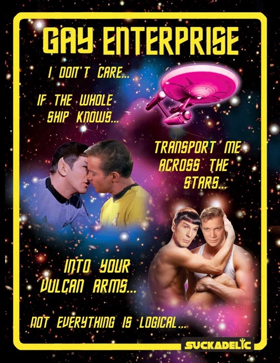 Backside of the above packaging with the text "I don't care...if the whole ship knows...transport me across the starts...into your vulcan arms...not everything is logica..." interspersed with images of Spock and Kirk in loving embraces. 