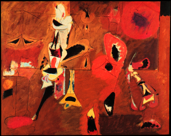 Abstract painting. Shades of red, brown, and yellow dominate the image with splotches of black and harsh, thin lines which act as outlines of imperceptible objects. 