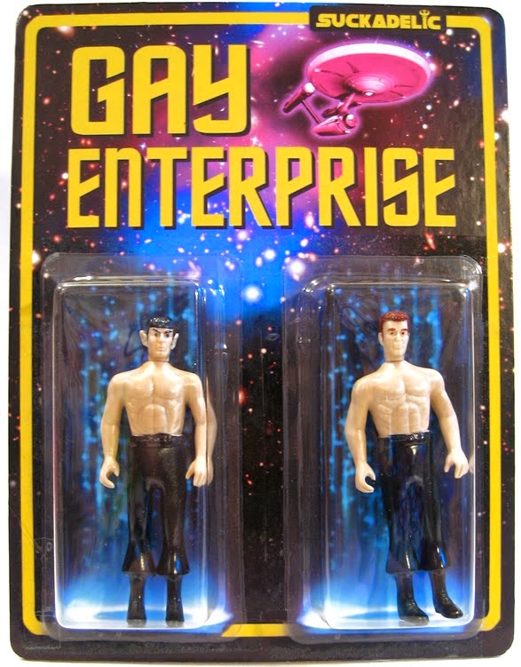 Shirtless action figures of of Spock and Captain Kirk in packing that says "Gay Enterprise"