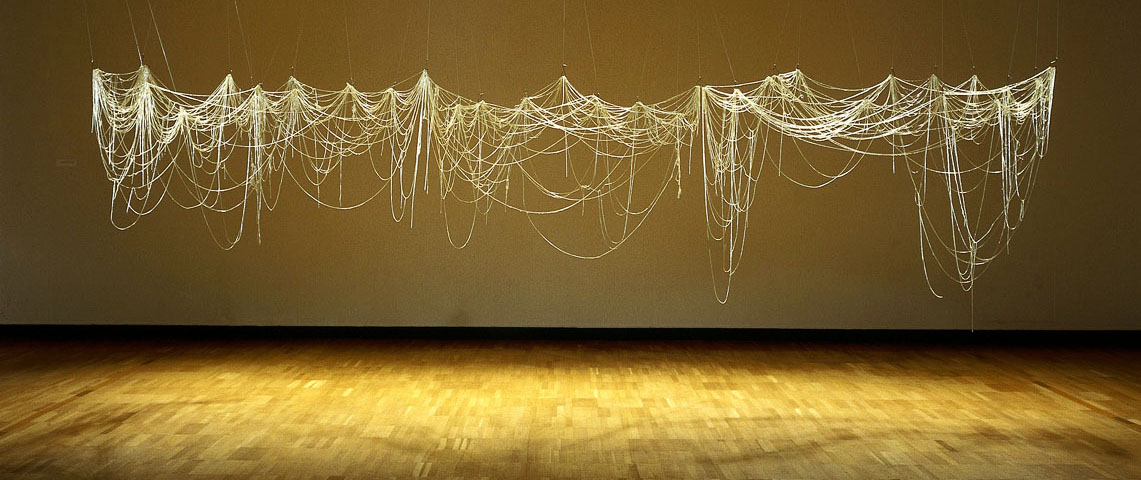 An extensive web of fiberglass cord hangs from a series of hooks in an empty room. 