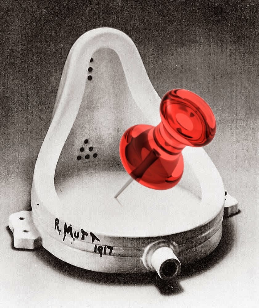 Duchamp's Fountain with an oversized red thumbtack inserted into it through post-production