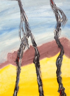 Black lines descend from the top of a canvas passing through fields of blue, brown and yellow