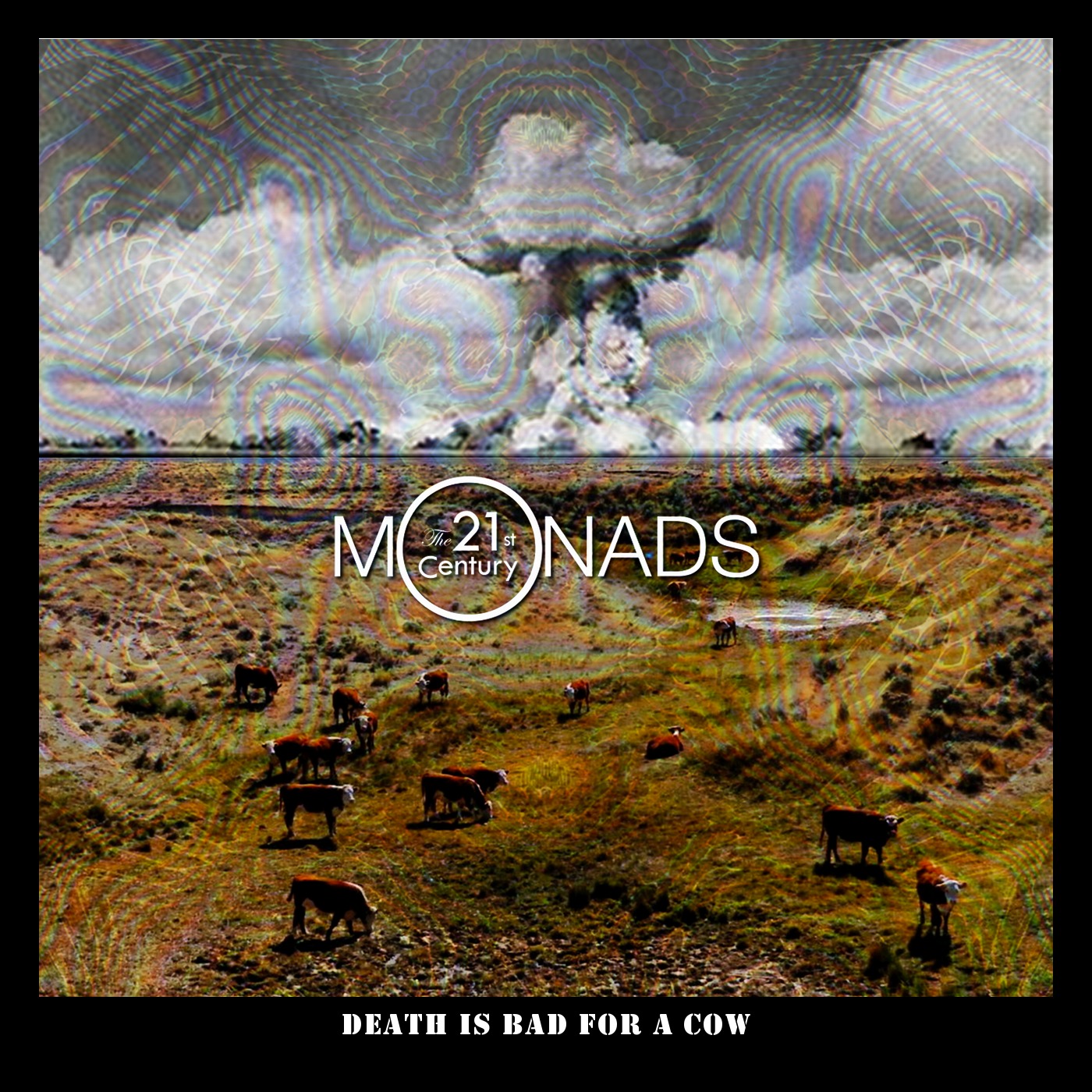 Album cover of "Death is Bad for a Cow" shows cows in a field, with a black and white mushroom cloud in the distance.