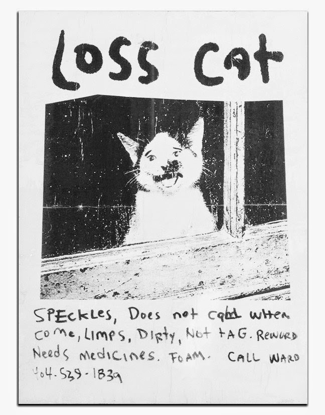 Poster with image of kitten reads "Loss Cat: speckles, does not call when come, limps, dirty, not tag. Reword. Needs medicines. Foam. Call Ward 404-539-1839"
