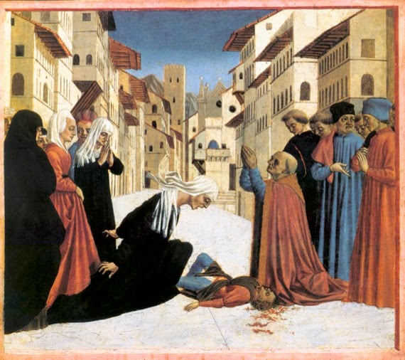 Painting of several figures staring at a dead man on the ground and praying. 