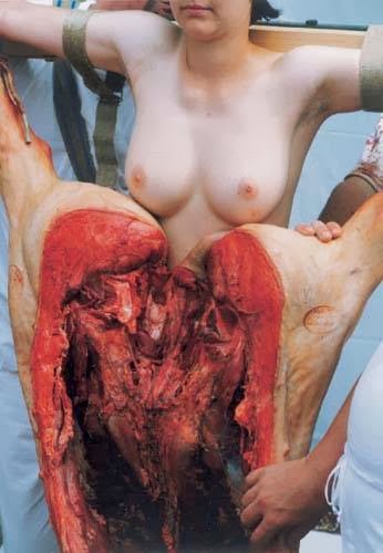A woman's bare chest immediately behind a slaughtered pig sliced open down the stomach. 