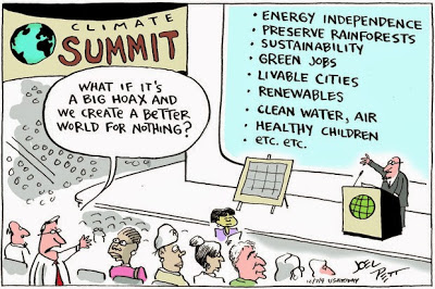 Cartoon of conference. Banner says "Climate Summit." Slide on presentation says "energy independence, preserve rainforests, sustainability, green jobs, livable cities, renewables, clean water and air, healthy chilren, etc. etc." An audience member says "What if it's a big hoax and we create a better world for nothing?"