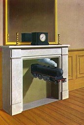 Miniature train in the process of exiting an empty fireplace. A clock sits atop the mantle in front of a mirror. 