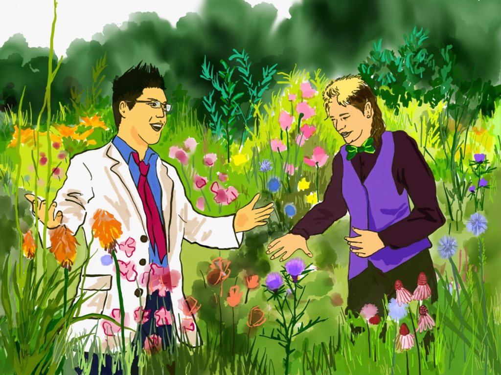 Illustration shows two genderqueer people talking in a lush but overgrown garden. 