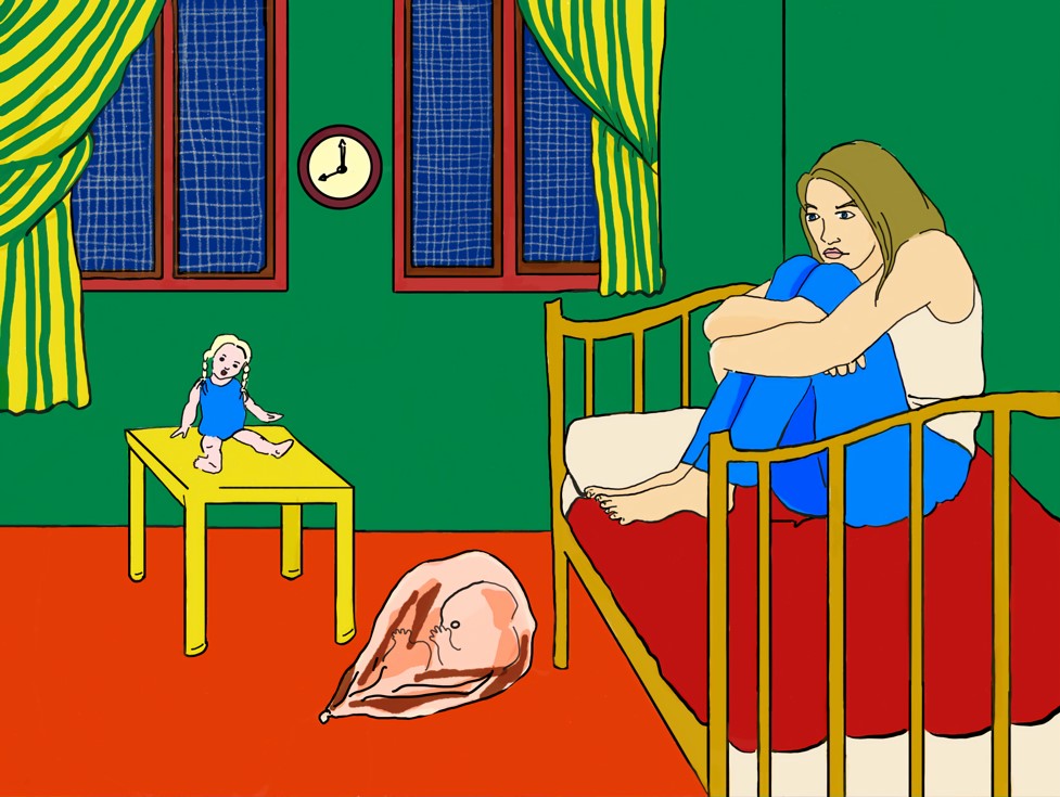 A 'people seed' as described by Thomson sits on the floor of a red an green bedroom, as a woman clutches her legs to her chest observing it from the bed. 