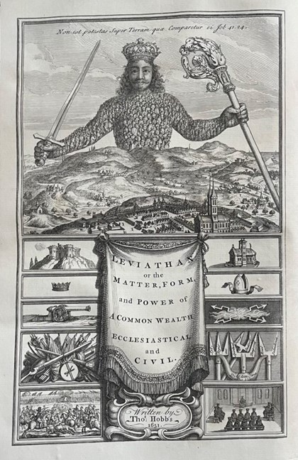 A titanic figure whose torso is composed by masses of people looms over a landscape holding crozier in one hand and sword in the other. Title reads "Leviathan, or the Matter, Form, and Power of a Common Wealth. Ecclesiastical and Civil."