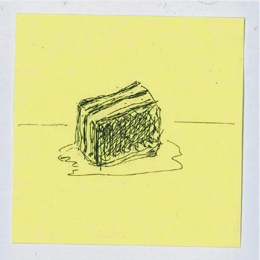 Pen drawing of a cube of lamb bacon sitting in its juices. 