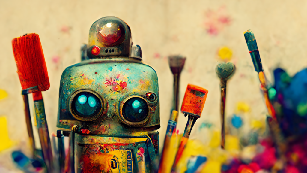 A cutesy robot with large, globulous eyes stands proudly amongst its paint brushes.