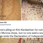 Two images Monroe's dress. One before worn by Kardashian, the other after with some crystals missing and stretching around the zipper. An overlayed Tweet reads "Everyone's poling on Kim Kardashian for ruining the Marilyn Monroe dress, but no one said a word when Nic Cage stole the Declaration of Independence."