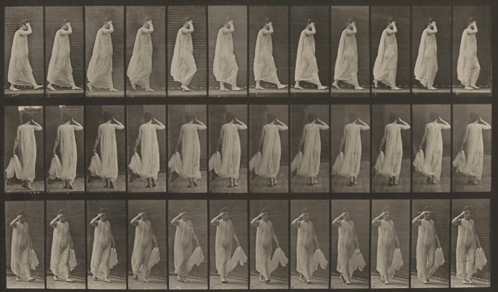 A total of thirty-six sepia-tone stills, organized in three rows, show a woman walking in a sheer, white dress. While each row shows her from a different angle, the photos within a row look almost entirely identical but for the placement of her feet. They look like film stills of her walking. In all photos she holds the tail of her dress in her left hand, and raises her other to her head, perhaps shielding her eyes from the sun, her elbow pointing out far to the right. 