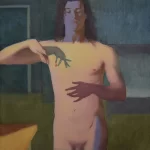 Painting of a nude, male presenting subject standing with their torso bathed in a rectangle of sunlight. The shadow of their right hand seems to be pinching their right nipple, referencing the painting Gabrielle d'Estrées et une de ses soeurs.