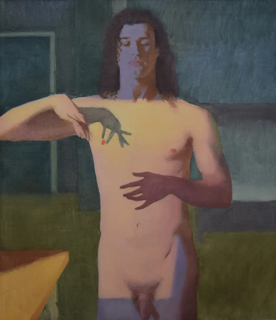Painting of a nude, male subject standing with his torso bathed in a rectangle of sunlight. The shadow of his right hand seems to be pinching his right nipple, referencing the painting Gabrielle d'Estrées et une de ses soeurs.