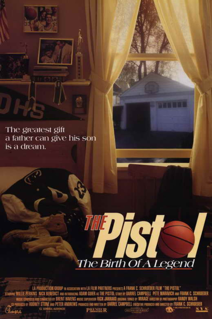 Official movie poster for "The Pistol: The Birth of a Legend", with a sporty American child's bedroom in the foreground looking out on a driveway with a basketball hoop attached to the garage.