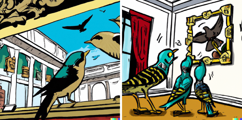 Two square images side by side. On the left, a bird looks out onto a museum courtyard where other birds fly. On the right, three teal birds argue about a painting of a black bird in an ornate golden frame, inside of a museum. All done in similar heavily outlined cartoonish style.