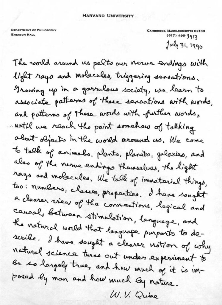 A scanned letter on Harvard letterhead. At the top, "Harvard University" is printed. Below on the left, "Department of Philosophy / Emerson Hall," and on the right, "Cambridge, Massachusetts 02138 / (617) 495-" and Quine has finished this by handwriting "3913" and the date, July 31, 1990. The letter itself is in neat but quick, looping cursive-print mix. The text takes up the entire page, with no paragraph breaks.