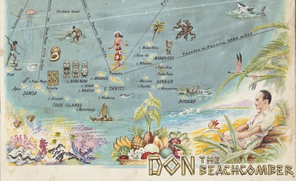 The bottom half of a hand-drawn, hand-colored map of Polynesia. It is decorated with sea creatures, a shipwreck, and exoticized images of regional peoples. At bottom right sits a balding, light-skinned man with a mustache, facing left, alongside an overflowing basket of fruit and the logo of Don the Beachcomber.