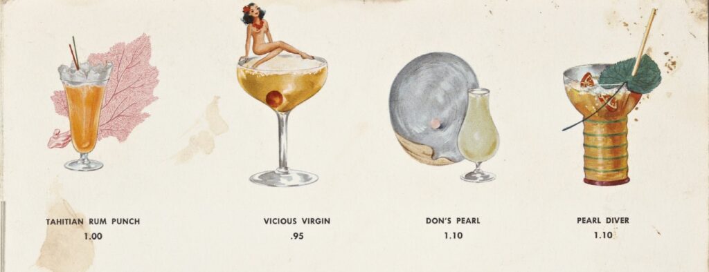 Four hand-drawn and colored cocktails appear with prices: Tahitian rum punch (1.00), Vicious virgin (.95), Don's pearl (1.10), and Pearl Diver (1.10). All feature thematic embellishments, including a naked woman with a flower necklace sitting atop the coupe glass for the Vicious virgin.