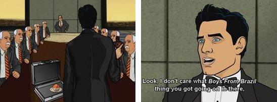 Two screenshots from Frisky Dingo. On the left, Crews wears a suit and faces a boardroom full of cloned white-haired men; his briefcase contains nothing but a cupcake. On the right, we zoom on him (wearing a tuxedo) and he says, "Look, I don't care what 'Boys from Brazil' thing you got going on in there."