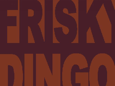 Frisky Dingo wordmark logo: "FRISKY DINGO" appears, one word on each line. FRISKY is dark brown on a light brown background; DINGO is light brown on a dark brown background. The words are slightly cut off at the edges.