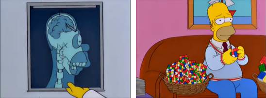 Two screenshots from the Simpsons. On the left, an X-ray of Homer's head reveals a crayon lodged in his brain. On the right, Homer sits on the couch with two baskets of Rubik's cubes on either side: solved and unsolved. He wears a sweater vest and tie and is solving one.